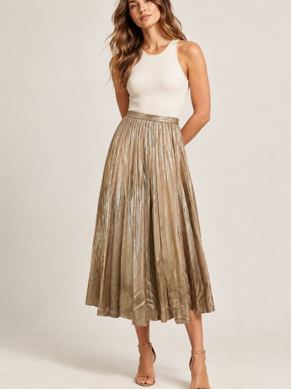 Maeve Gold Silver Metallic Pleated Midi Skirt Size S
